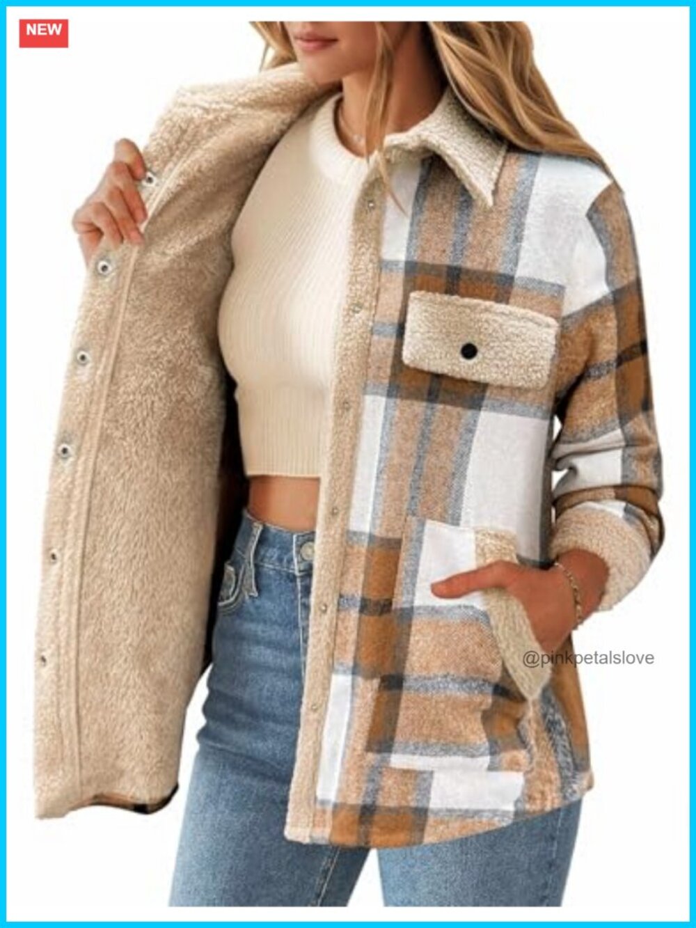 Fleece Lined Flannel Shacket Snap Button Plaid Sherpa Jacket Loose Fit